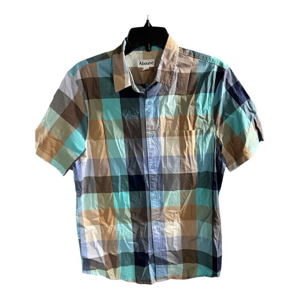 Abound Plaid Poplin Short Sleeve Button-Up Shirt‎ Blue Collared Casual Size M